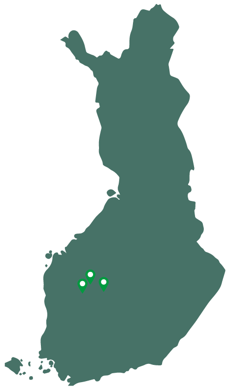 Kuvassa Suomen kartta, missä kolmen eri toimipisteen sijainnit.